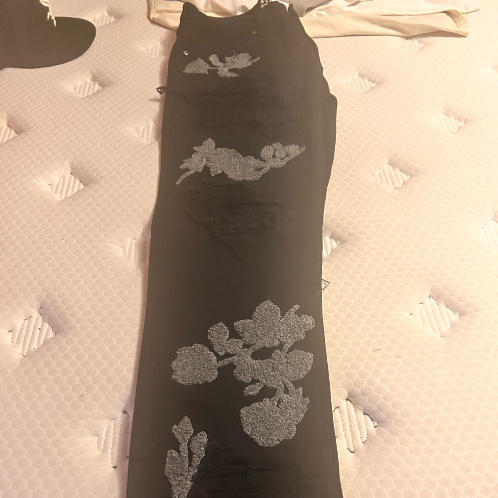 Black Pants with Silver Floral Design